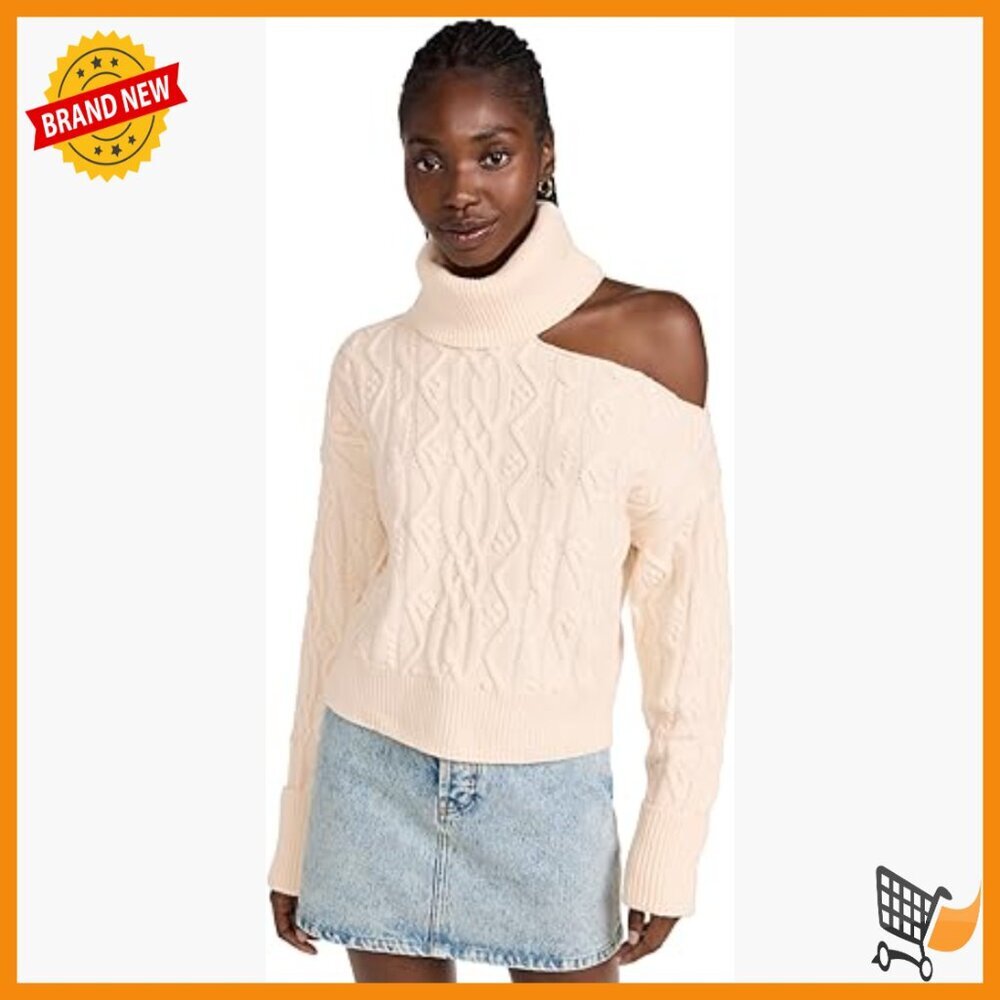 Cropped Cable Knit Turtleneck Sweater Shoulder Baring Wool Blend Pullover